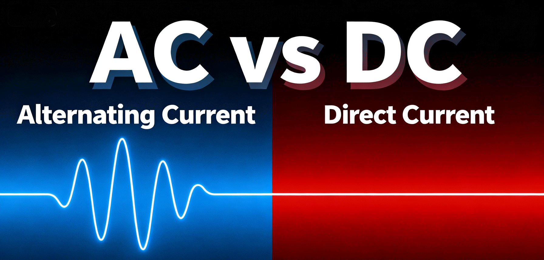 jimeng-2025-10-24-6658-现代科技封面设计风格，交流电和直流电对比的文章封面图。画面采用分屏设计，左侧为交..