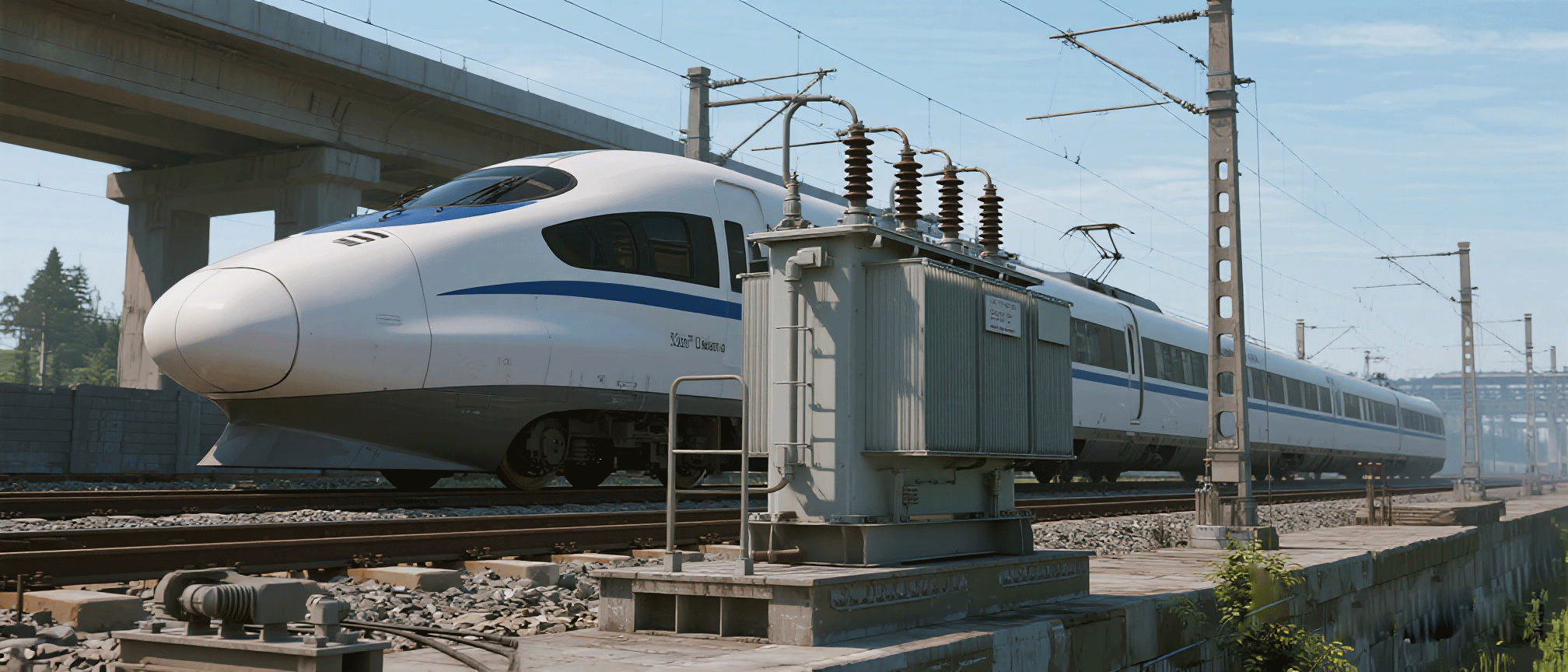 Jimeng-2025-07-04-9722- 高铁和变压器 ， 变压器在前面 高铁在后面 高铁在后面